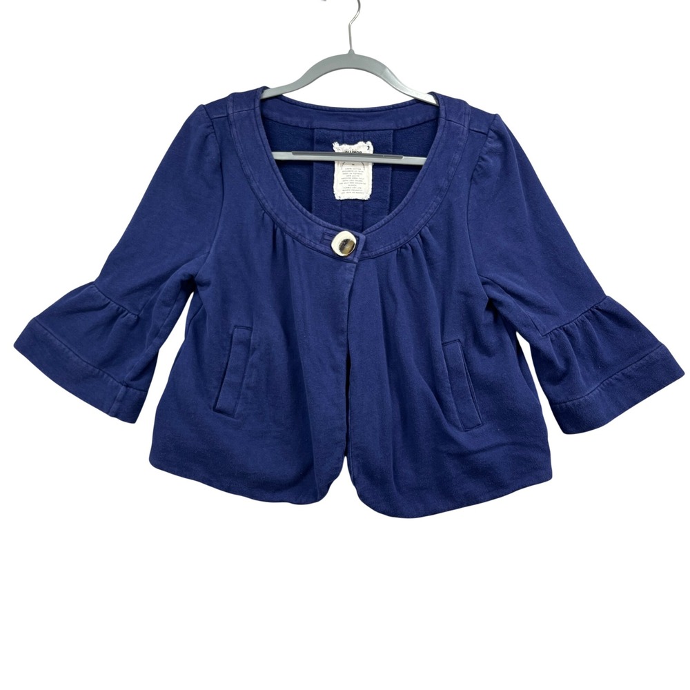 Allihop Cardigan Sweater Womens M Navy Cotton Ruffle Sleeve Cropped Boho Casual